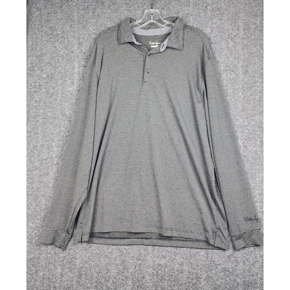 Walter Hagen Long Sleeve Polo Mens L‎ Grey Striped Hydro-Dri Golf Shirt